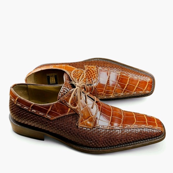 David Eden Leather Dress Shoes 10 Brown Cognac Embossed Croc Print Oxfords Spain - Picture 13 of 13